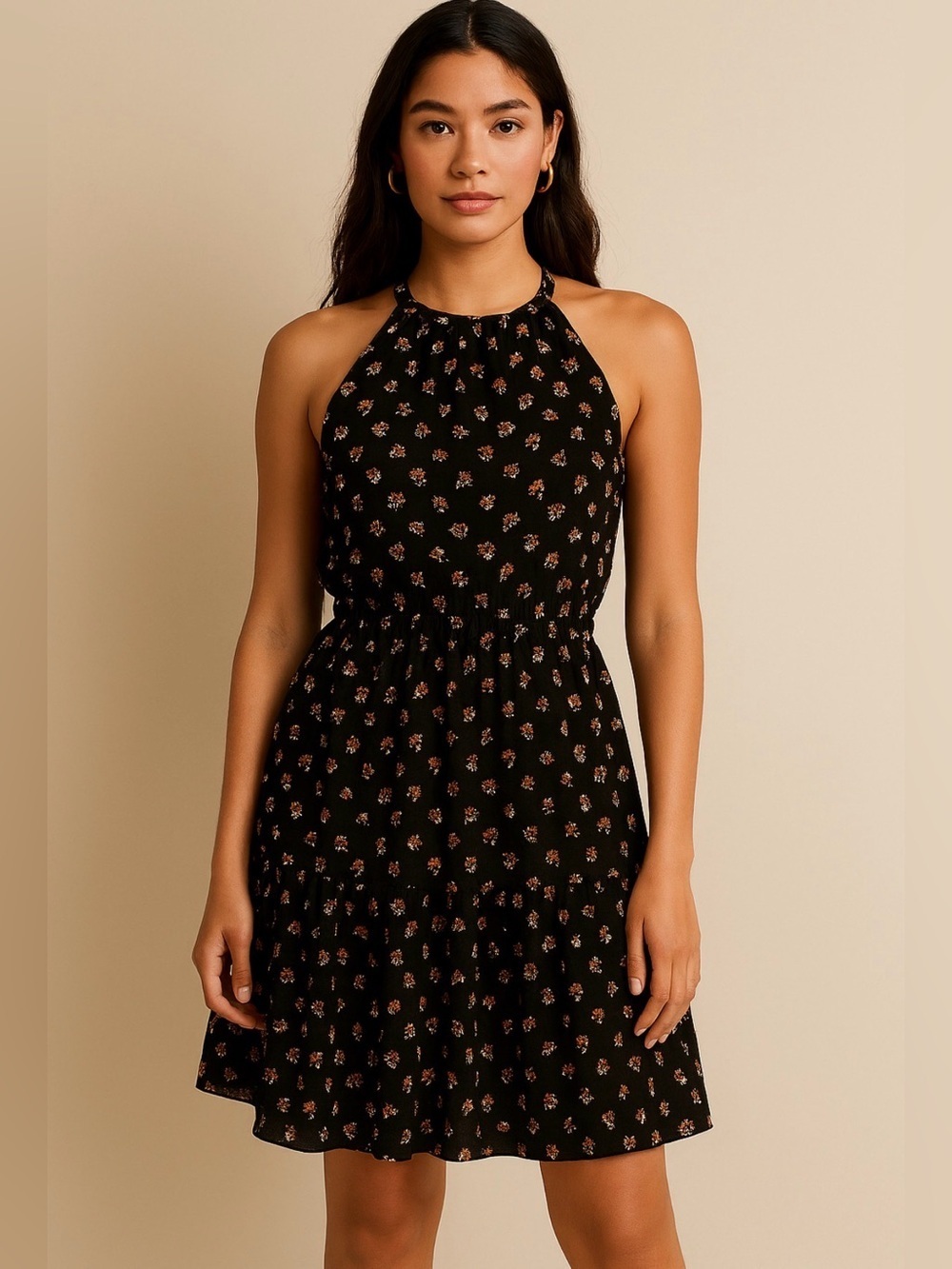 Wilfred Effet halter style mini dress black with botanical print. size small.